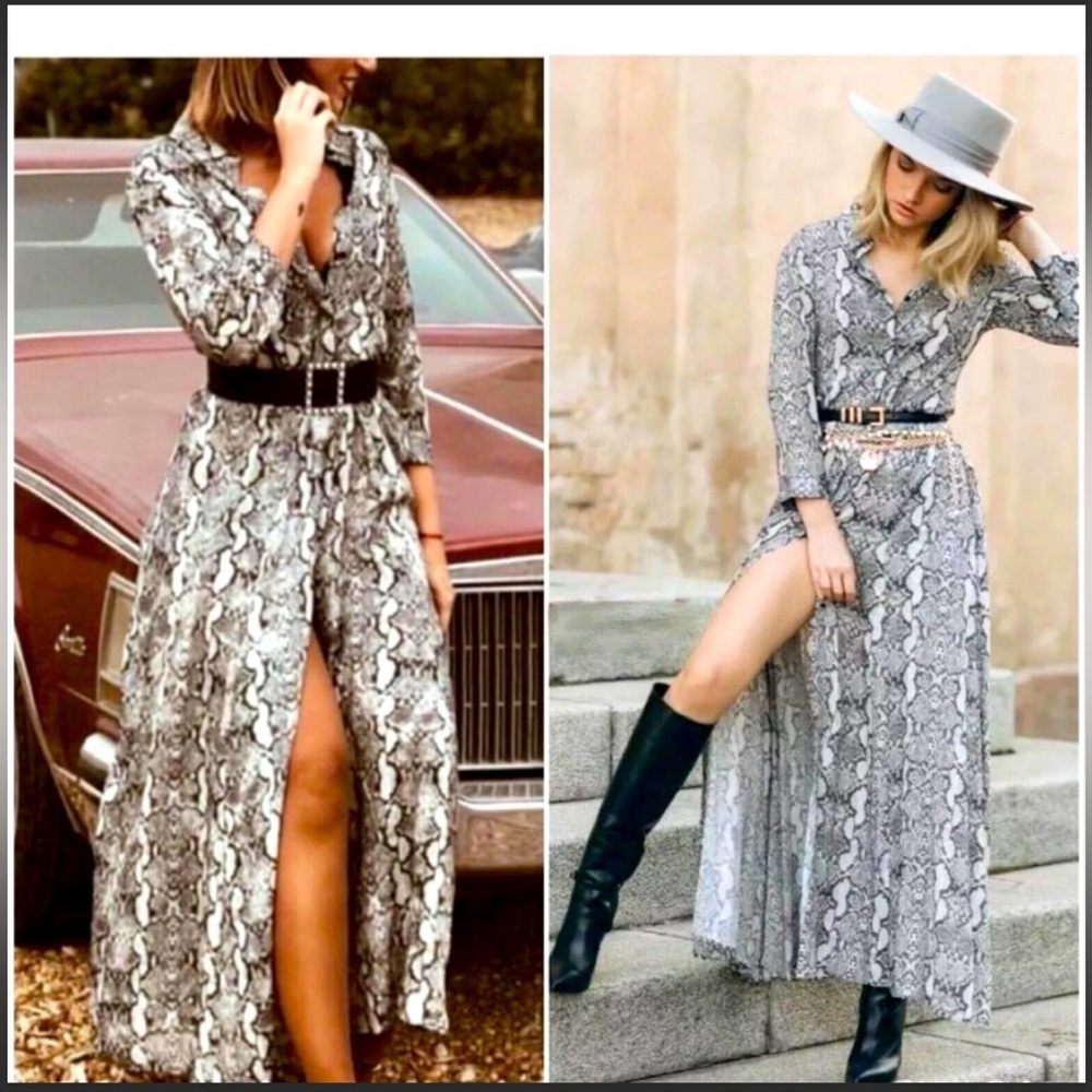 ZARA Snakeskin Printed Button Front Maxi Shirt Dress Size Small BLOGGER Fav